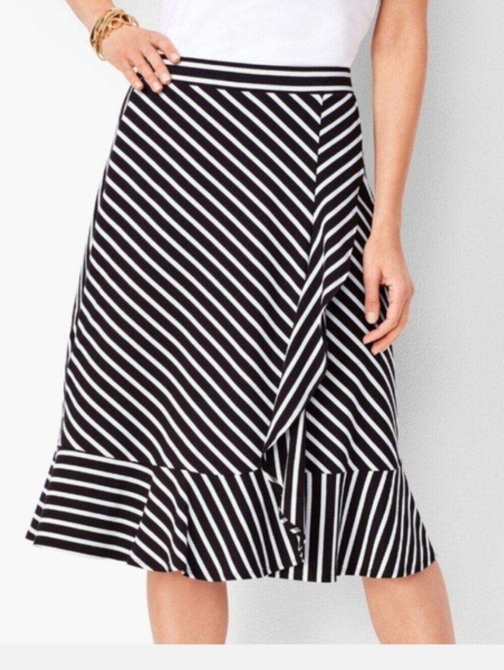 Talbots Jersey Cascading Midi Skirt S Ruffled Hem Navy/White Striped